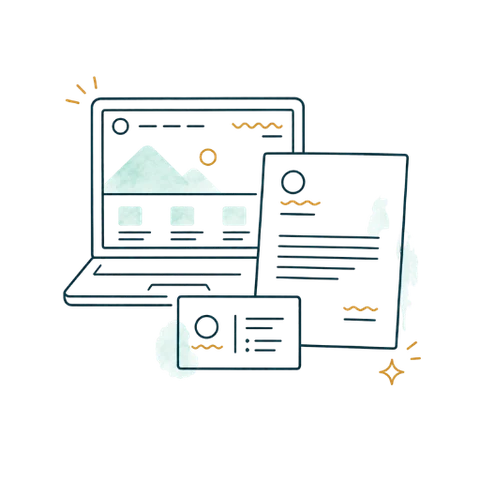 Line illustration of a laptop with mismatched brand documents