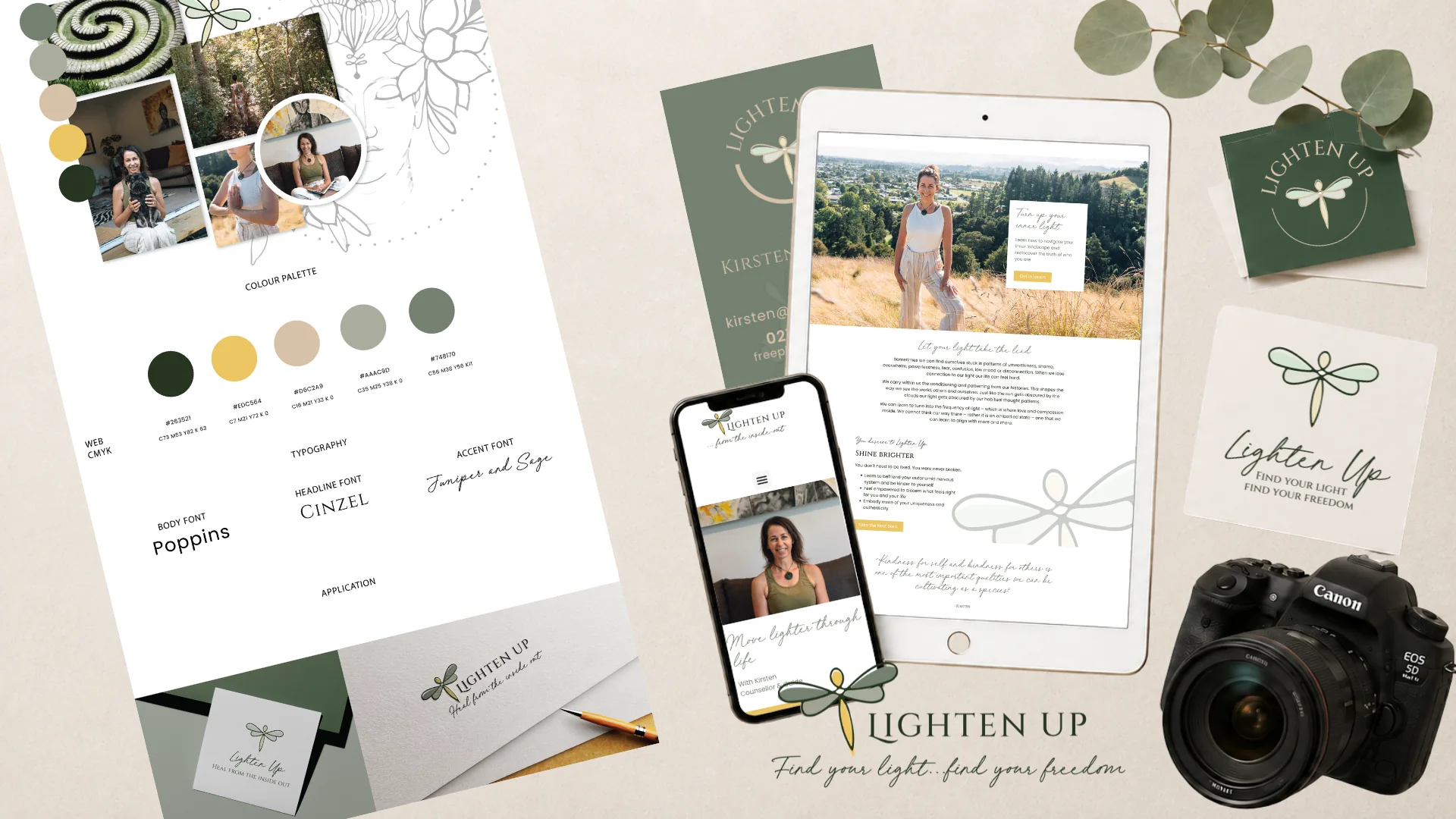 Website design deliverables, phone, brand board and camera by Lola Media