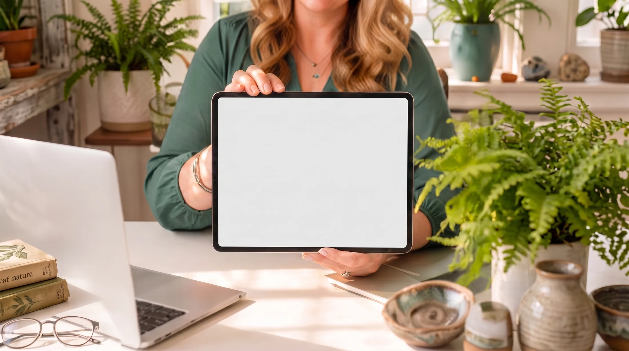 Lori Satterthwaite holding an iPad showing Lola Media client websites in her plant-filled studio