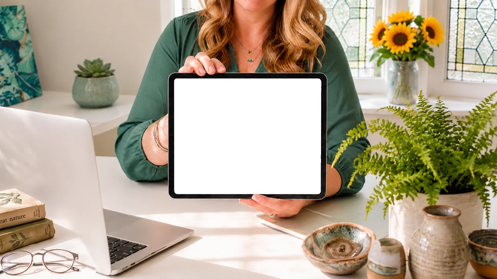 Lori Satterthwaite holding an iPad showing Lola Media client websites in her sunlit studio